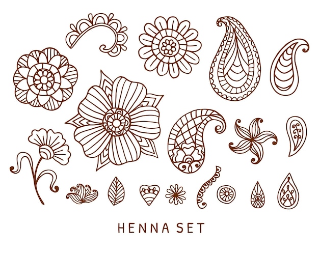 Vetor doodles de tatuagem de henna vetor definem elementos de design étnico asiático floral paisley indiano isolados em wh