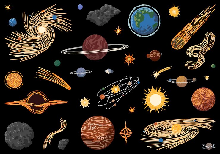Vetor doodles espaciais cósmicos planetas de desenho animado estrelas cometas asteróides galáxias esboços de fenômenos astronômicos