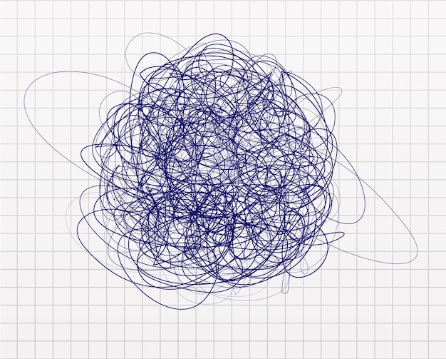 Vetor doodles nó esferográfica mancha desenhada de linhas caóticas em folha de papel quadriculada escola vazia fundo