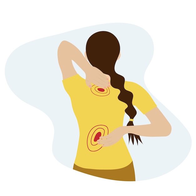 Vetor dor nas costas mulher com dor no pescoço e nas costas conceito médico
