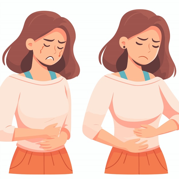 dor no estômago da mulher ilustrações vetoriais em fundo branco