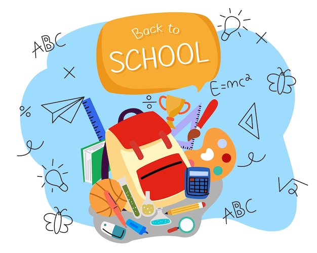 Double de fundo de volta à escola com ilustração de saco e suprimentos escolares