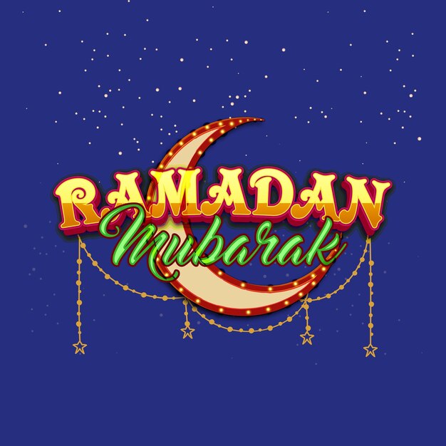 Dourado e verde Ramadan Mubarak Font com Marquee Lights Crescent Moon e Star String em luzes azuis Background para o conceito de celebração de festivais islâmicos