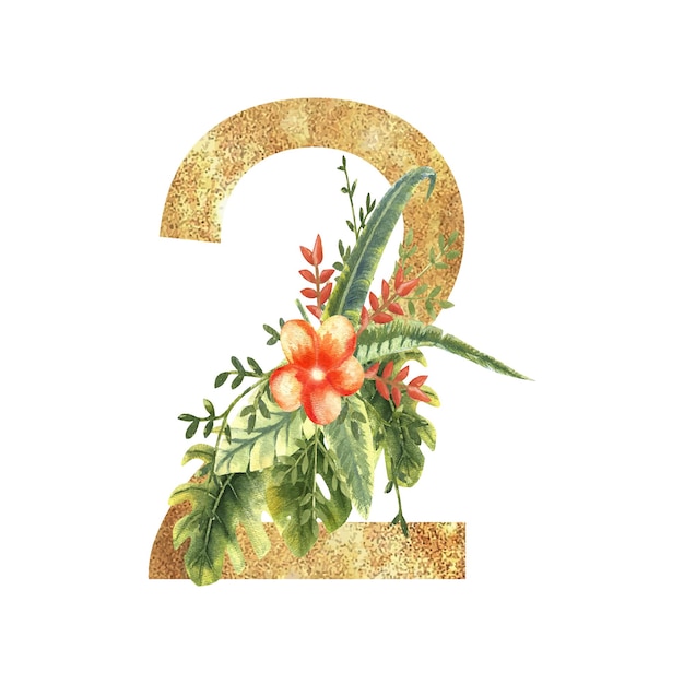 Dourado número 2 com um buquê aquarela de folhas tropicais e flores em um fundo branco isolado Ilustração vetorial desenhada à mão