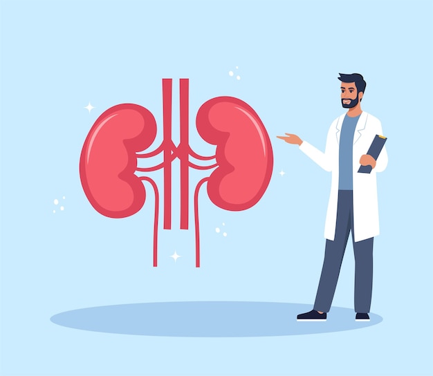 Doutor dá uma palestra de treinamento sobre anatomia Doutor apresentando infográficos de rins humanos