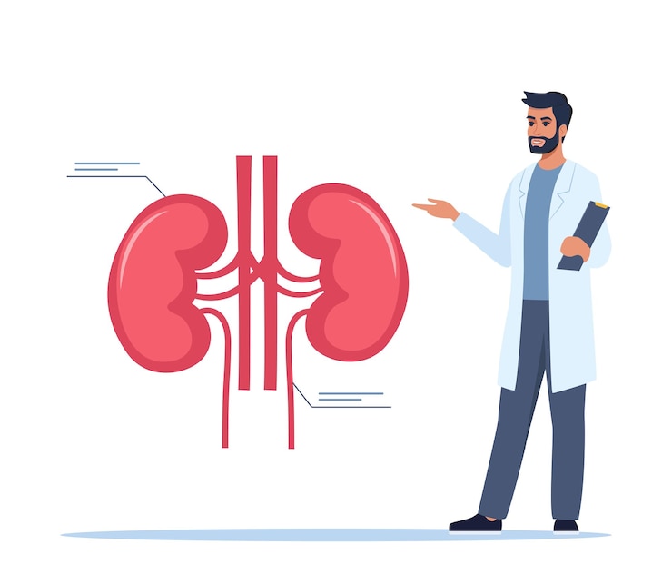 Vetor doutor dá uma palestra de treinamento sobre anatomia doutor apresentando infográficos de rins humanos