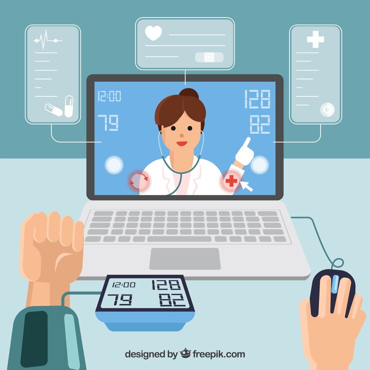 Vetor doutor em linha design com as mãos usando laptop