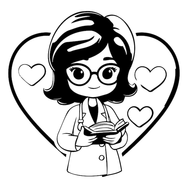 Vetor doutor garota bonita com livro e coração ilustração de desenho animado vetorial