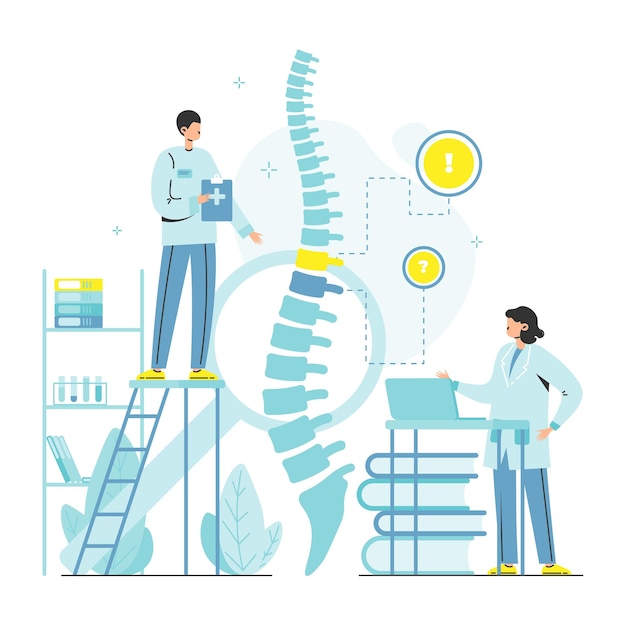 Doutor osteopata personagens femininos do sexo masculino examinando a coluna vertebral humana esqueleto osteopatia quiropraxia manua ...