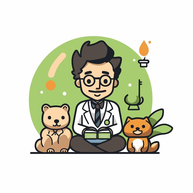 Doutor sentado com cão e gato ilustração vetorial em estilo plano