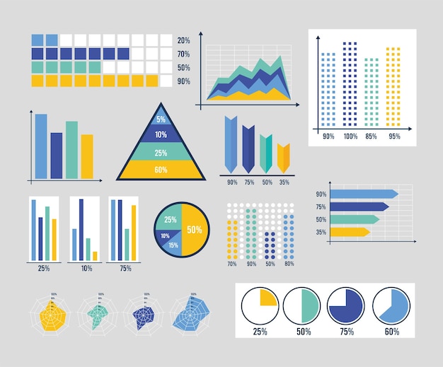 Doze ícones de infográficos de estatísticas