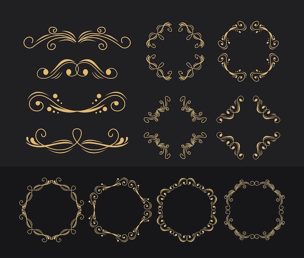 Doze ícones de molduras douradas vintage