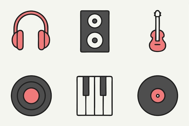 Doze ícones de música de alta resolução com fones de ouvido, notas musicais e instrumentos para projetos de design digital