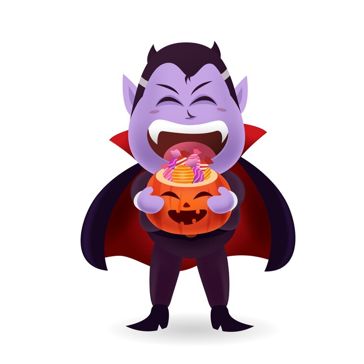 Vetor drácula de monstro e fantasma de halloween - bonito drácula carregando balde de abóbora de halloween de doces com isolado