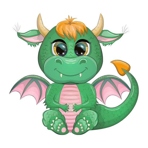Dragão bebê verde bonito dos desenhos animados com chifres e asas símbolo de 2024 de acordo com o calendário chinês réptil monstro mítico engraçado