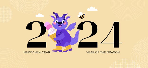 Dragão com sorvete nas mãos Feliz Ano Novo Chinês 2024 Ano do Dragão Conceito de celebração do ano novo lunar para cartão de saudação Modelo de banner amarelo Vetor