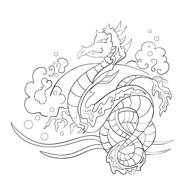 Dragão de água símbolo de riqueza e sucesso imprimir livro de colorir ilustração vetorial