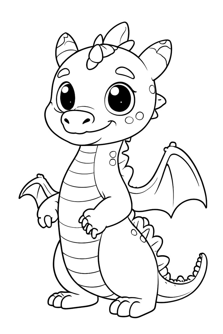 Vetor dragão de desenho animado bonito ilustração em branco e preto para livro de colorir