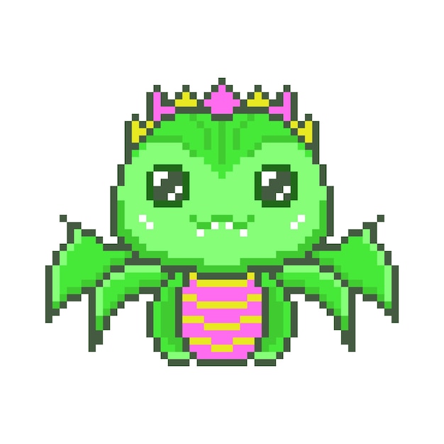 Dragões de pixel verdes bonitos com asas abertas kawaii dinossauro madeireiro engraçado com gráficos de fantasia de 8 bits