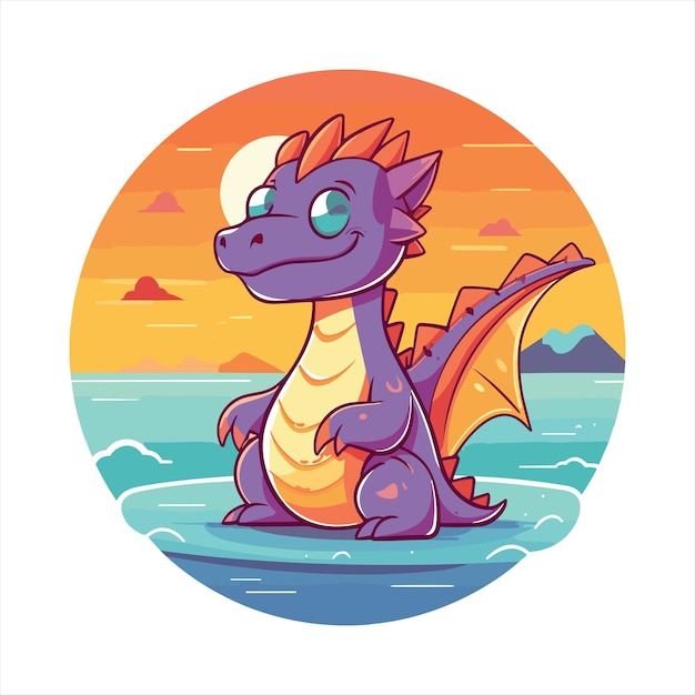 Dragon cute funny cartoon kawaii aquarela praia verão pôr do sol animal pet sticker ilustração