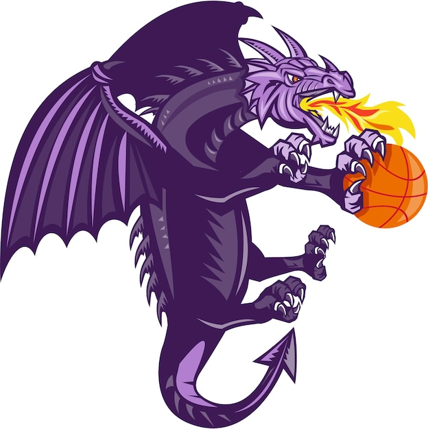 Dragon fire holding basketball isolado retro