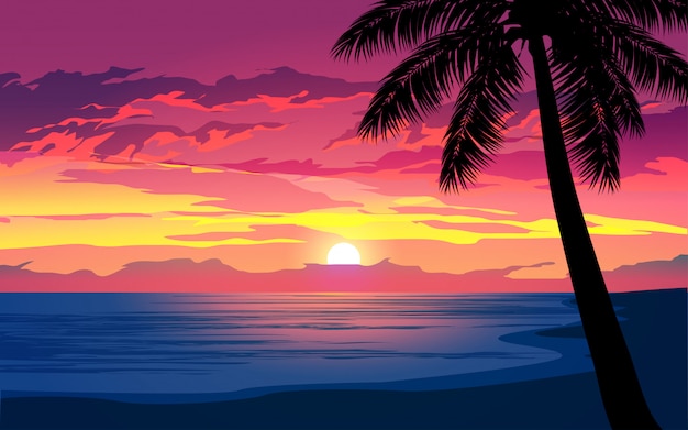 Vetor dramático pôr do sol na praia tropical