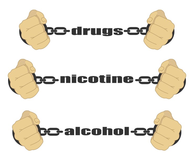 Vetor drogas, nicotina, sinais de álcool. punhos de homem em correntes tensas