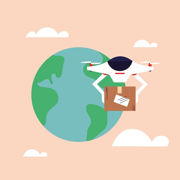 Drone carrega caixa de papelão, entregue por correio aéreo