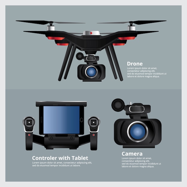 Drone com câmera VDO e ilustração vetorial de controlador