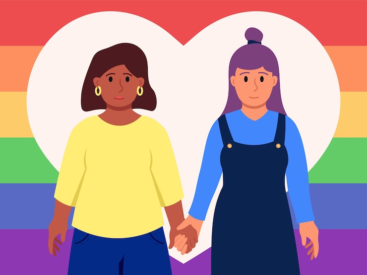 Vetor duas amigas de mãos dadas com coração e bandeira raindow no fundo ilustração de estilo plano