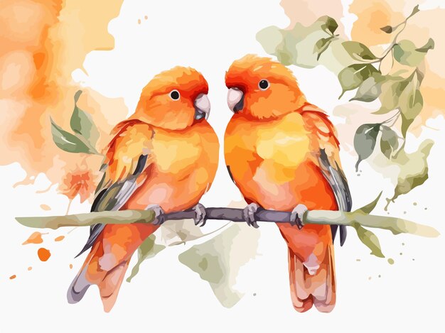 Duas aves e uma flor em flor aquarela