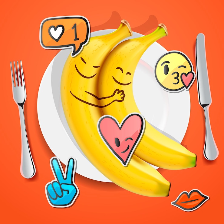 Vetor duas bananas engraçadas com rostos emoji no conceito de emoticon de amor para o dia dos namorados