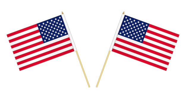 Duas bandeiras americanas isoladas no fundo branco, ilustração vetorial. Bandeira dos EUA no mastro