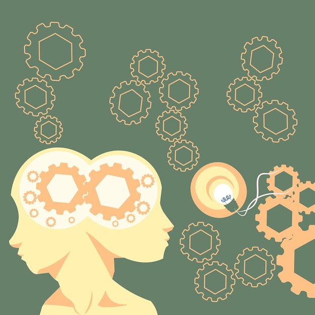 Vetor duas cabeças com engrenagens mostrando ideias de tecnologia engrenagens no design de símbolos do cérebro exibindo ideia mecânica e técnica