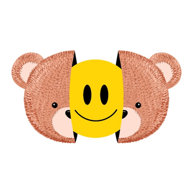 Duas cabeças de brinquedo de meio urso com rosto de sorriso dentro de impressão para camiseta ilustração de personagem de estilo de lápis desenhado à mão kawaii de desenho vetorial impressão de kawaii de urso feliz fofo engraçado para camiseta conceito de logotipo