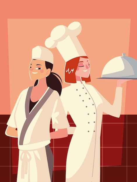 Duas chefs femininas em uniforme branco e chapéu com ilustração de serviço de prato