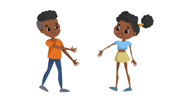 Duas crianças afro-americanas se encontram Menino de escola vai apertar a mão de seu novo amigo Garotos e namoradas se divertem Ilustração vetorial isolada em branco