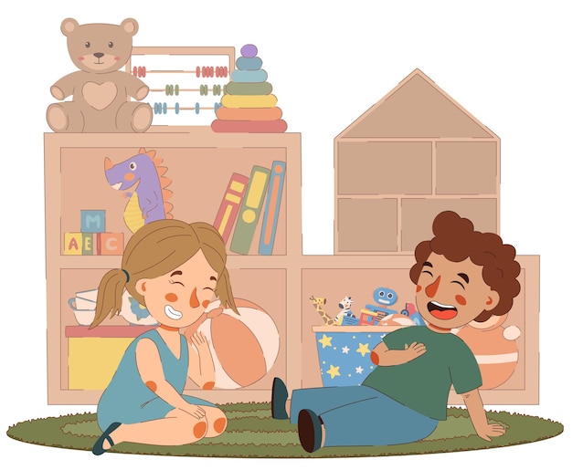 Duas crianças brincam e passam tempo juntos sorriso feliz
