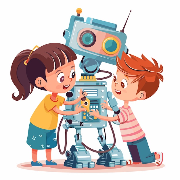 duas crianças estão brincando com um robô que tem a palavra robô nele