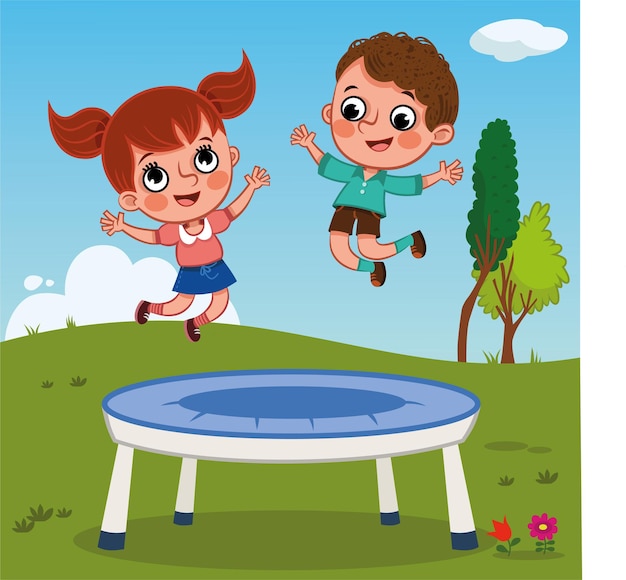 Duas crianças felizes pulando na cama elástica em uma ilustração vetorial de parque