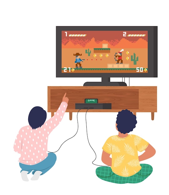 Duas crianças jogam console de videogame na tv vetor