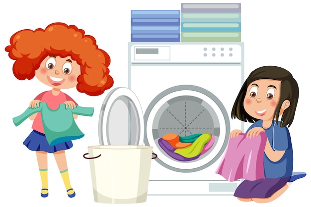 Vetor duas crianças lavando roupa juntos