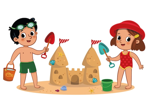 Duas crianças se divertindo em um castelo de areia na praia