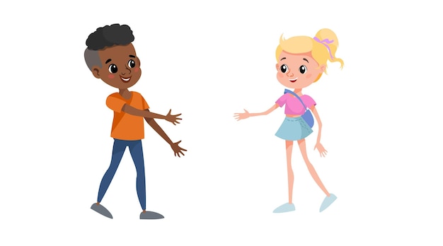 Duas crianças se encontram Um menino afro-americano vai apertar a mão de sua nova amiga caucasiana Os amigos da escola se divertem Ilustração vetorial isolada em branco