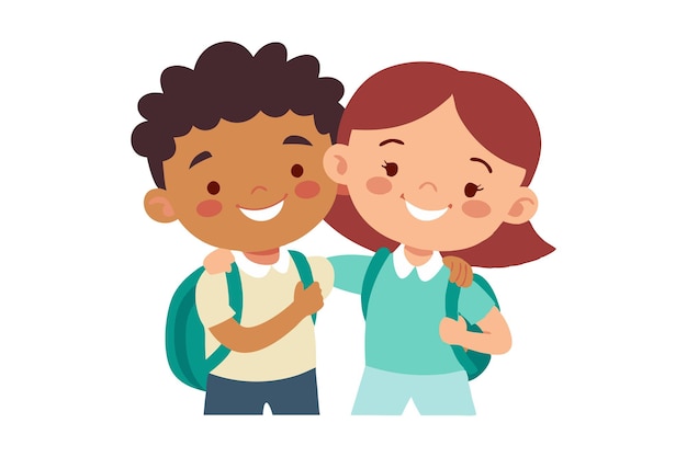 Duas crianças sorridente com mochilas abraçando-se