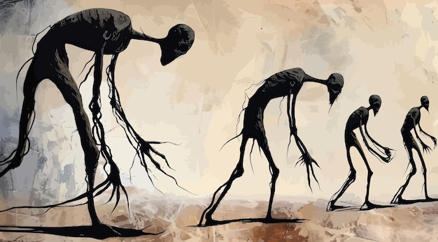duas esculturas alienígenas pretas estão de pé na frente de um fundo marrom