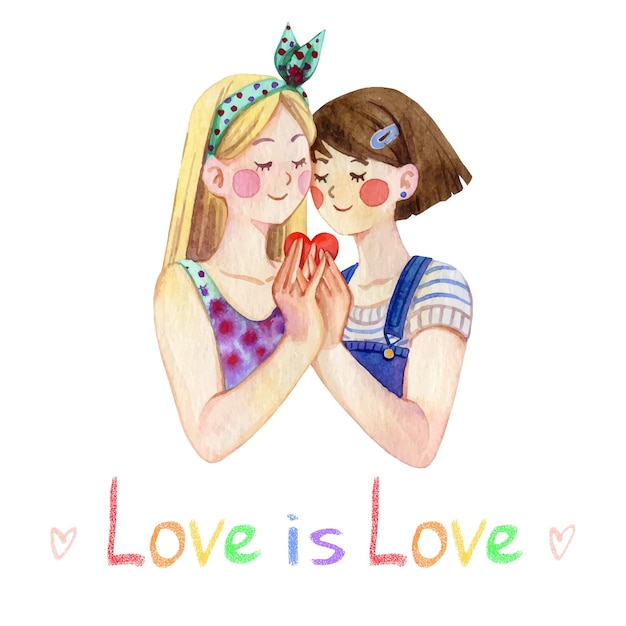 Duas garotas apaixonadas pela ilustração vetorial aquarela do slogan do orgulho lgbt isolada no fundo branco