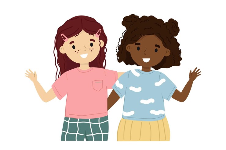 Vetor duas garotas bonitas de desenho animado sorrindo uma ilustração de crianças multirraciais felizes