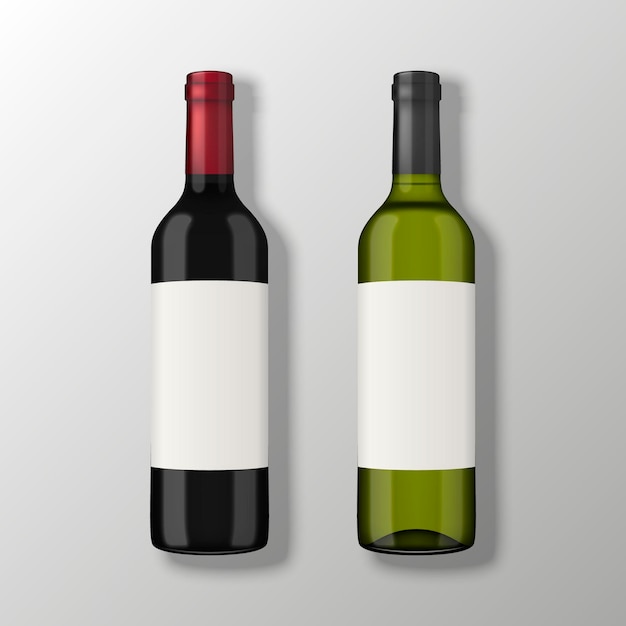 Duas garrafas de vinho realistas em vista superior com rótulos em branco sobre fundo cinza.