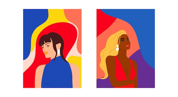 Duas ilustrações de mulheres em fundos coloridos. dia internacional da mulher